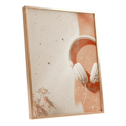 Earthen Airwaves, beige, orange, white minimalist wall art shown as a gold framed poster wall art print