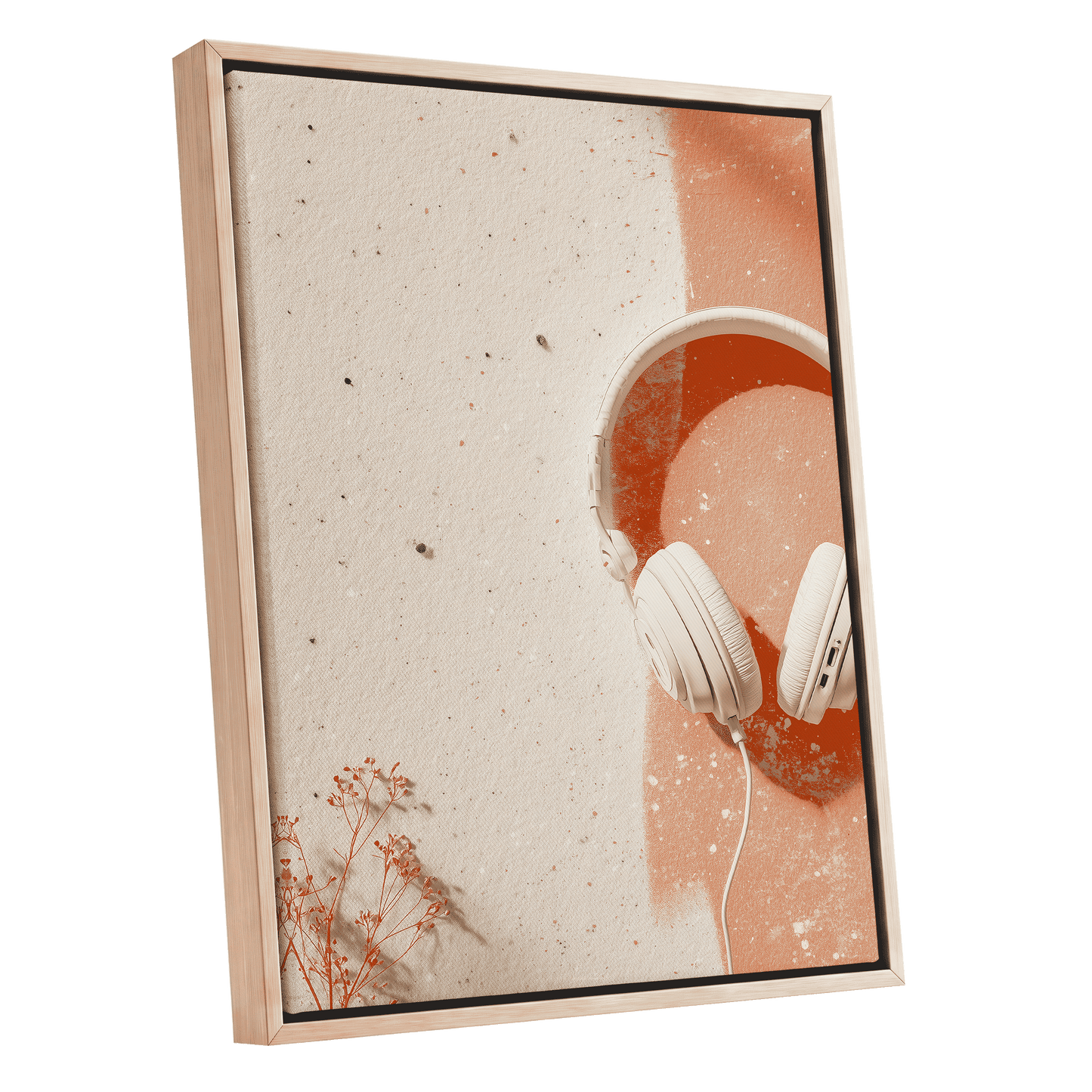 Earthen Airwaves, beige, orange, white minimalist wall art shown as a oak framed canvas wall art
