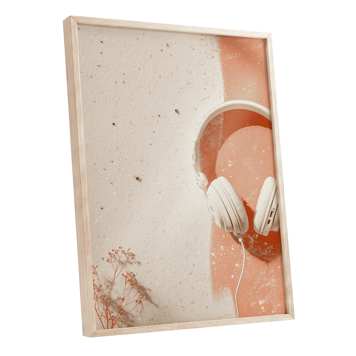 Earthen Airwaves, beige, orange, white minimalist wall art shown as a oak framed poster wall art print