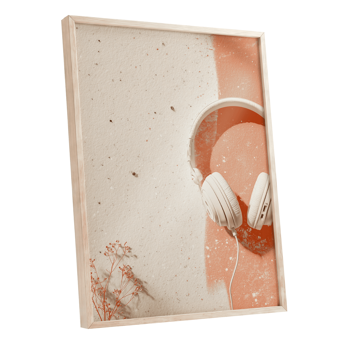 Earthen Airwaves, beige, orange, white minimalist wall art shown as a oak framed poster wall art print