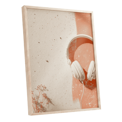 Earthen Airwaves, beige, orange, white minimalist wall art shown as a oak framed poster wall art print