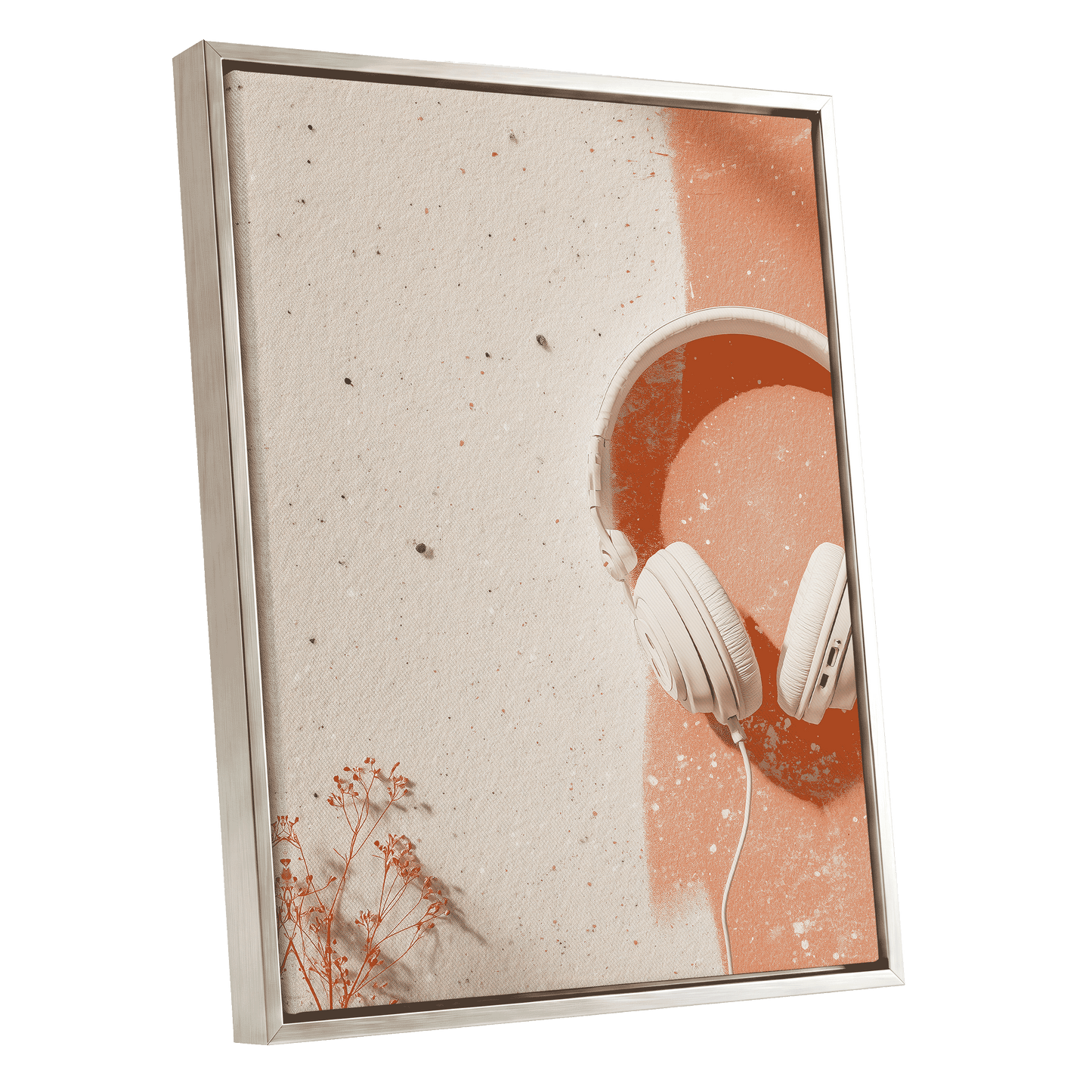 Earthen Airwaves, beige, orange, white minimalist wall art shown as a silver framed canvas wall art