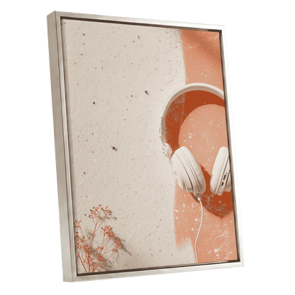 Earthen Airwaves, beige, orange, white minimalist wall art shown as a silver framed canvas wall art