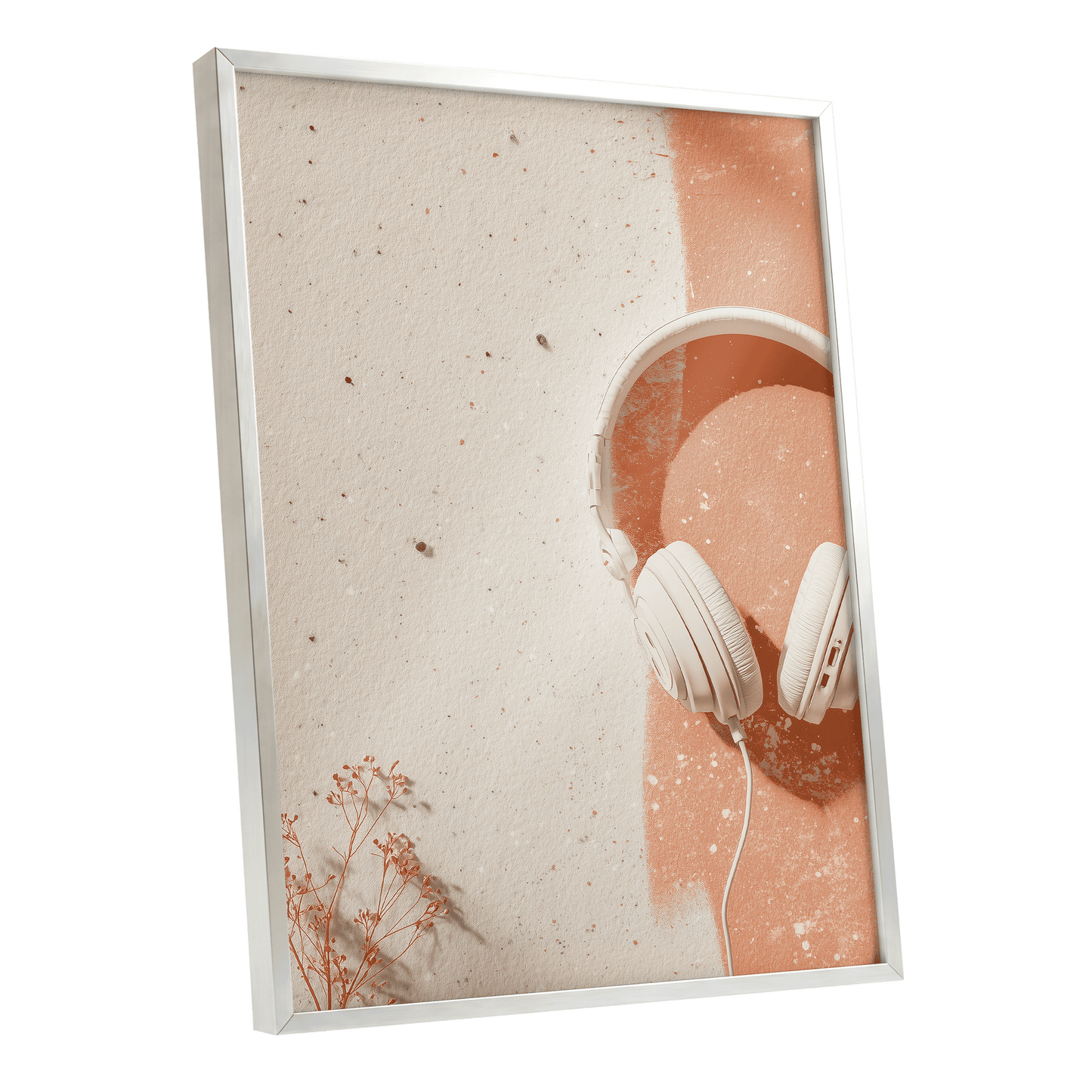 Earthen Airwaves, beige, orange, white minimalist wall art shown as a silver framed poster wall art print