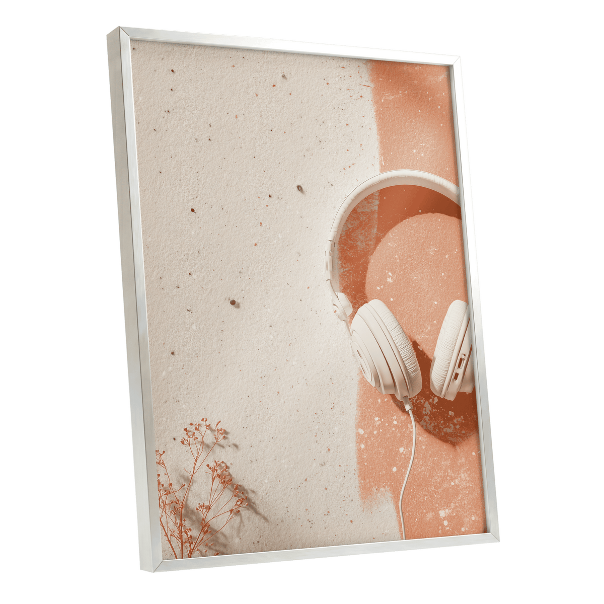 Earthen Airwaves, beige, orange, white minimalist wall art shown as a silver framed poster wall art print