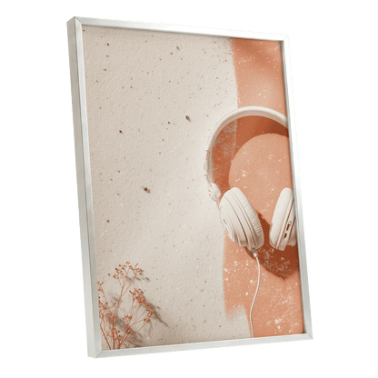 Earthen Airwaves, beige, orange, white minimalist wall art shown as a silver framed poster wall art print