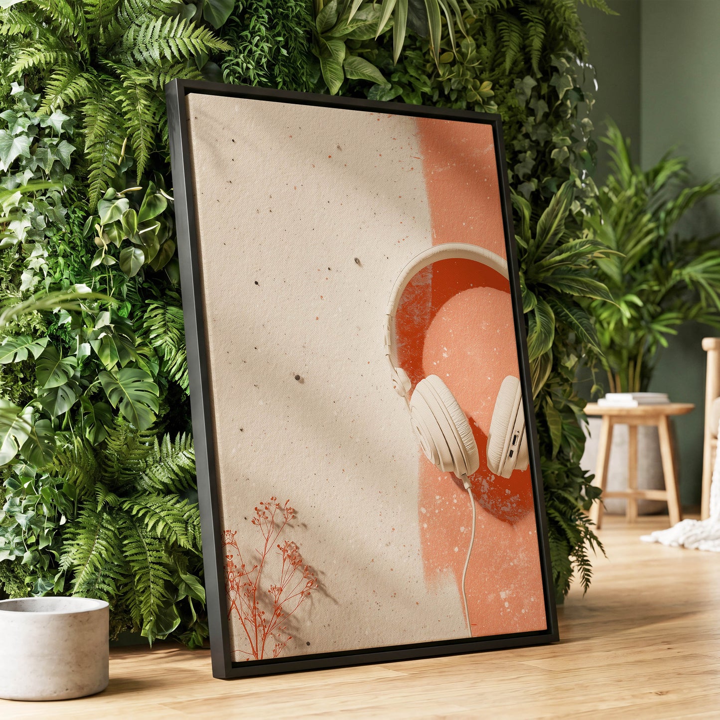 Earthen Airwaves, beige, orange, white minimalist wall art displayed in a styled interior, gallery view 1