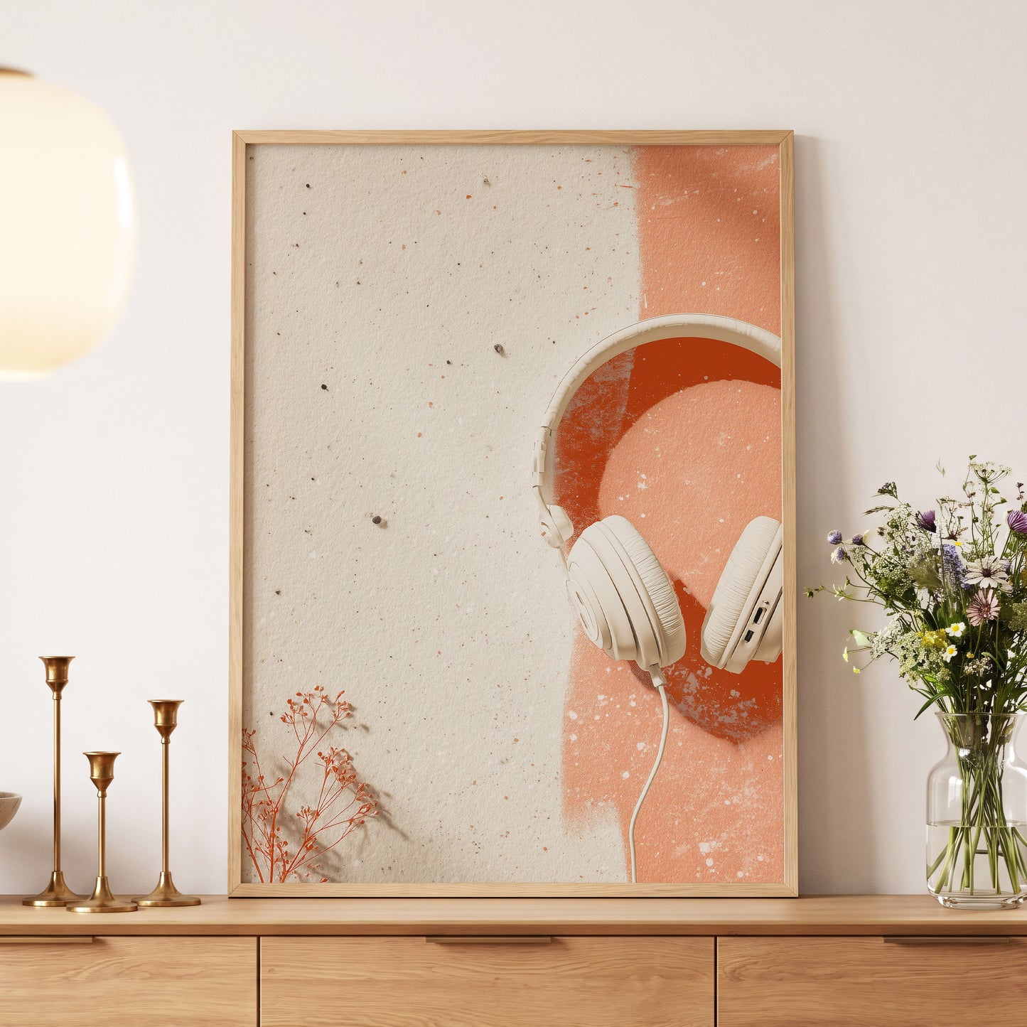 Earthen Airwaves, beige, orange, white minimalist wall art displayed in a styled interior, gallery view 4
