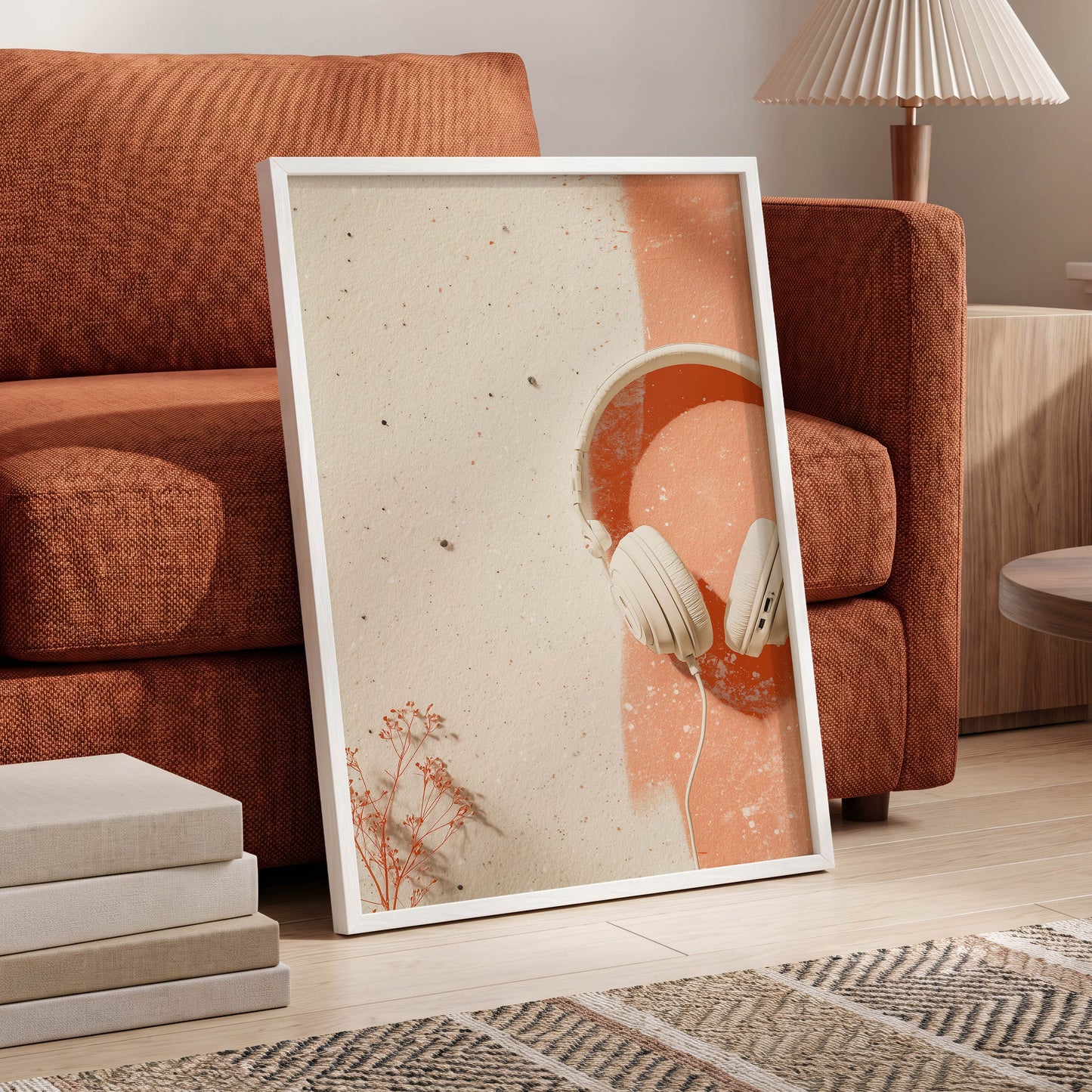 Earthen Airwaves, beige, orange, white minimalist wall art displayed in a styled interior, gallery view 6