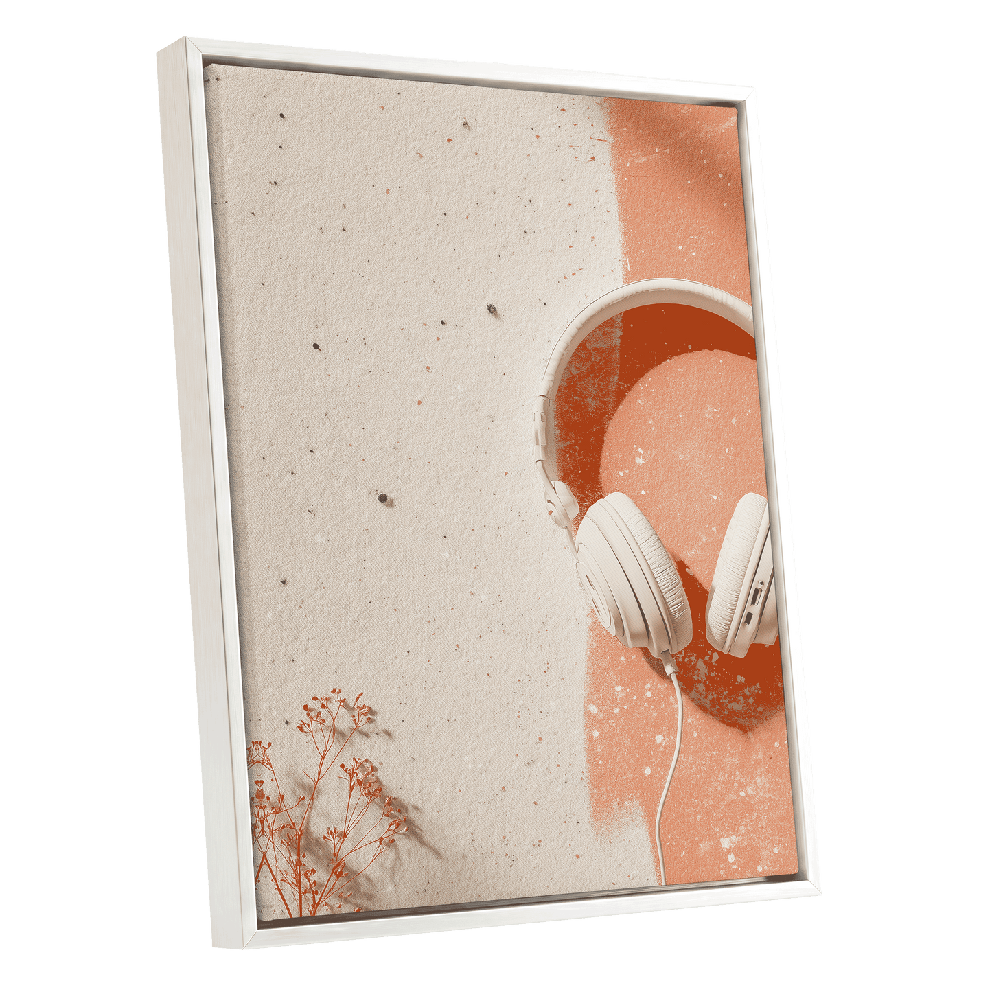 Earthen Airwaves, beige, orange, white minimalist wall art shown as a white framed canvas wall art