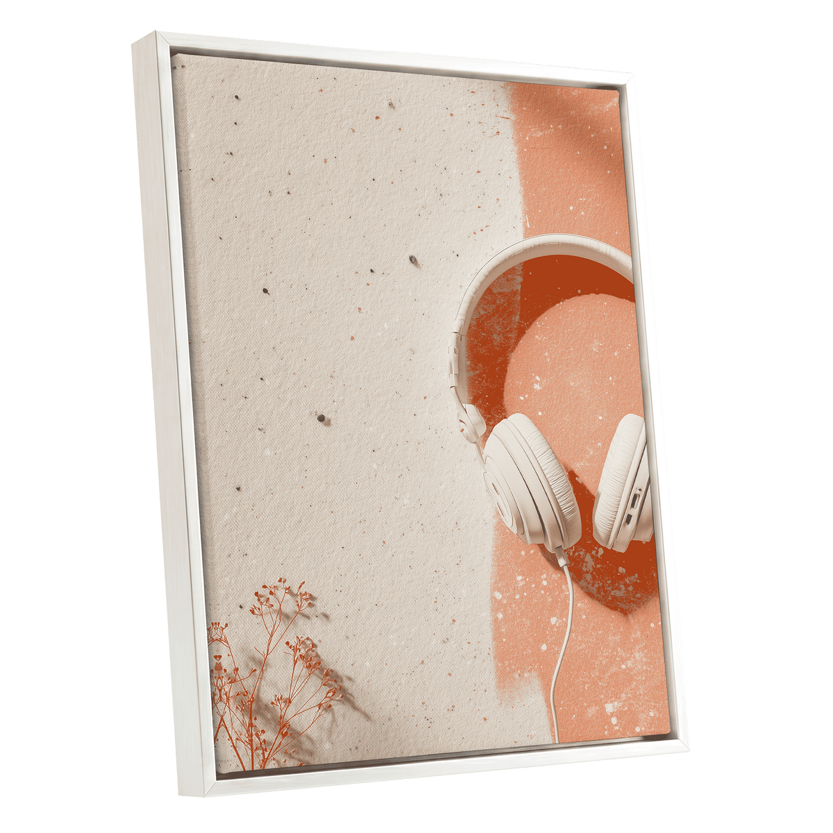 Earthen Airwaves, beige, orange, white minimalist wall art shown as a white framed canvas wall art