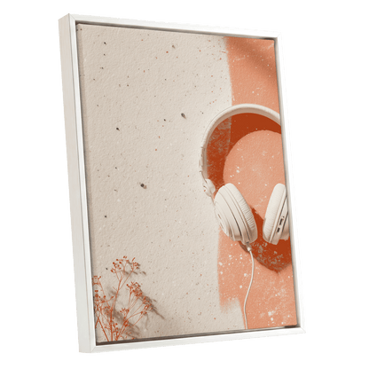 Earthen Airwaves, beige, orange, white minimalist wall art shown as a white framed canvas wall art
