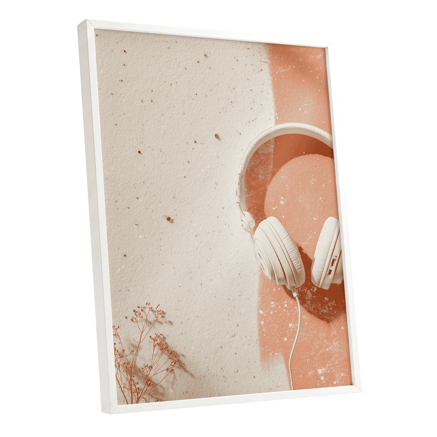 Earthen Airwaves, beige, orange, white minimalist wall art shown as a white framed poster wall art print