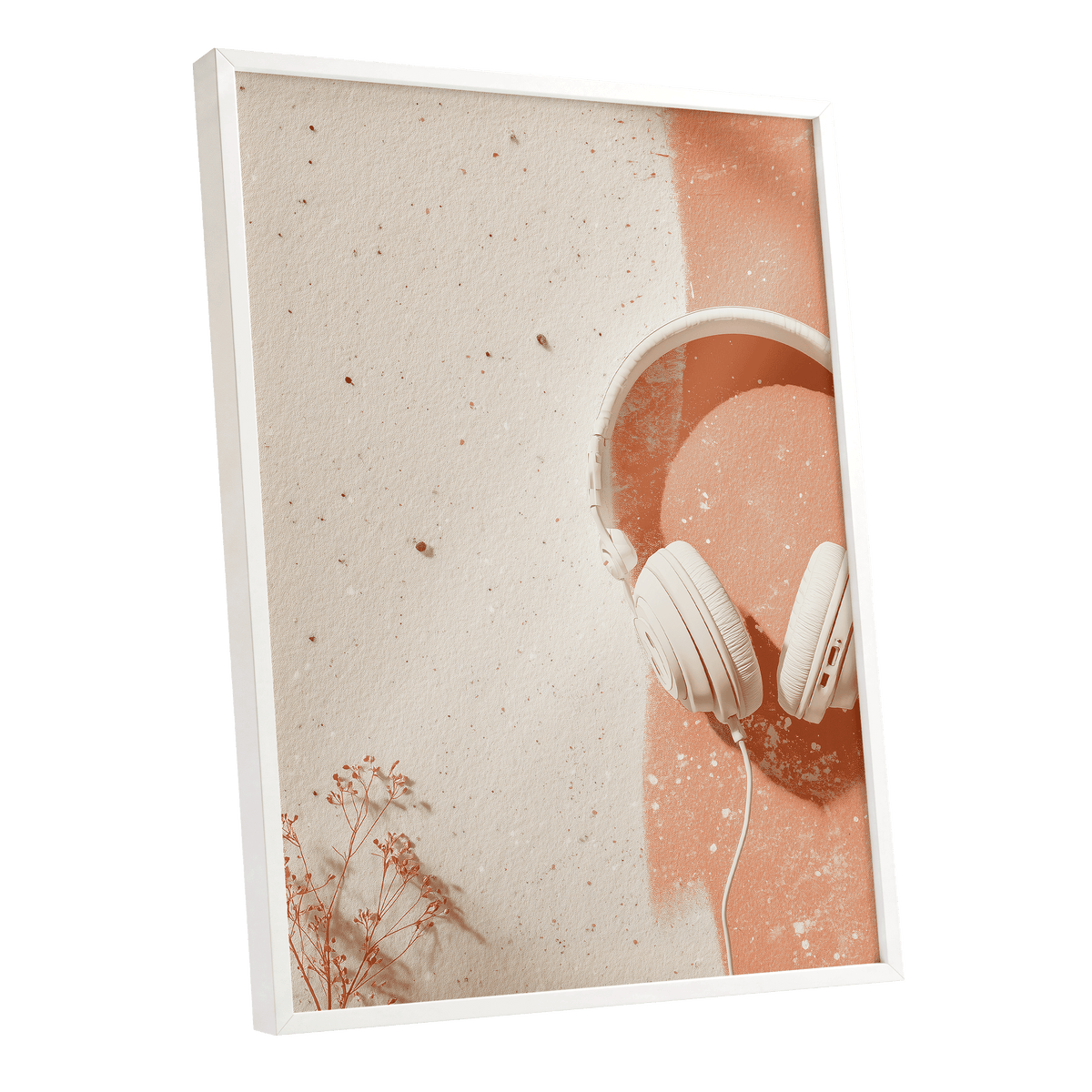 Earthen Airwaves, beige, orange, white minimalist wall art shown as a white framed poster wall art print