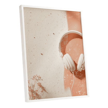 Earthen Airwaves, beige, orange, white minimalist wall art shown as a white framed poster wall art print