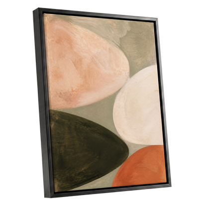 Earthen Curves, green, beige, pink abstract wall art shown as a black framed canvas wall art