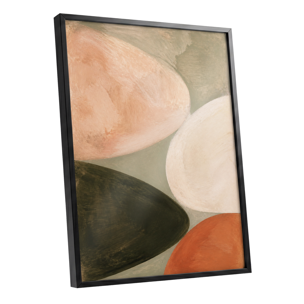 Earthen Curves, green, beige, pink abstract wall art shown as a black framed poster wall art print