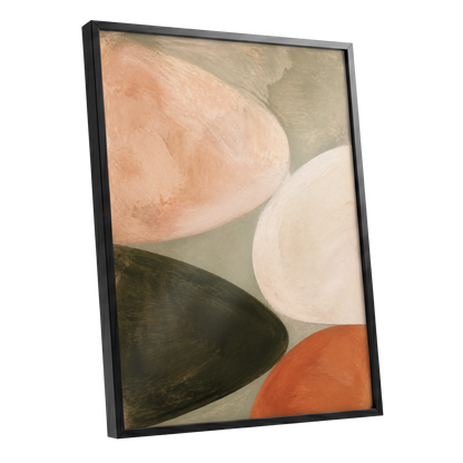 Earthen Curves, green, beige, pink abstract wall art shown as a black framed poster wall art print