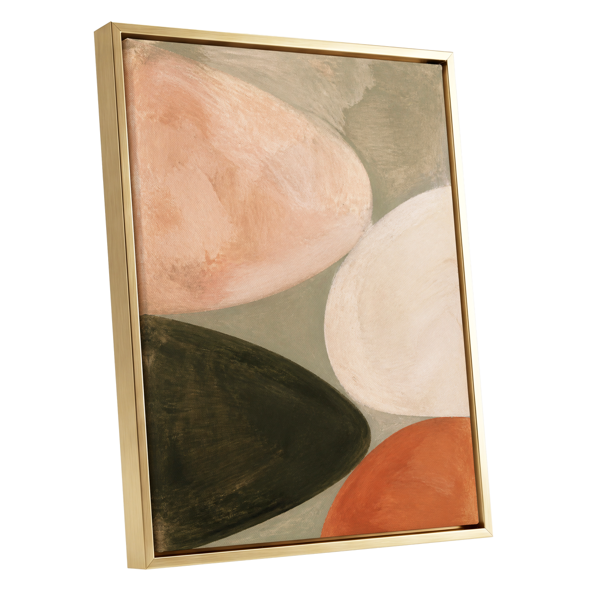 Earthen Curves, green, beige, pink abstract wall art shown as a gold framed canvas wall art