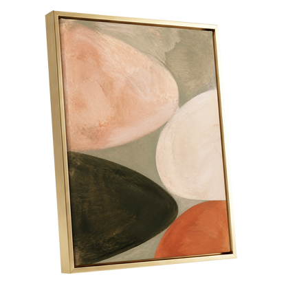 Earthen Curves, green, beige, pink abstract wall art shown as a gold framed canvas wall art