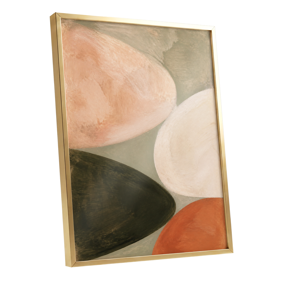 Earthen Curves, green, beige, pink abstract wall art shown as a gold framed poster wall art print