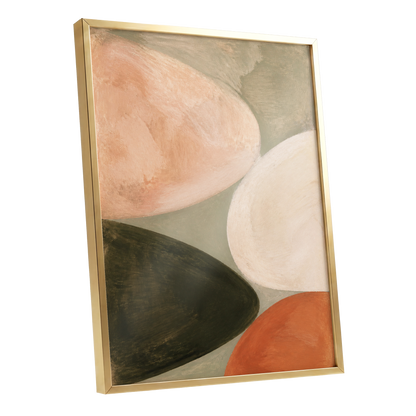 Earthen Curves, green, beige, pink abstract wall art shown as a gold framed poster wall art print