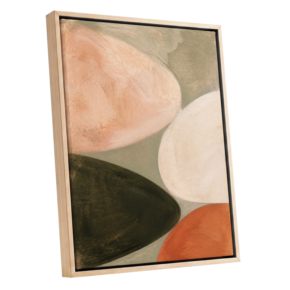 Earthen Curves, green, beige, pink abstract wall art shown as a oak framed canvas wall art