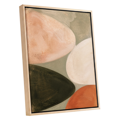 Earthen Curves, green, beige, pink abstract wall art shown as a oak framed canvas wall art