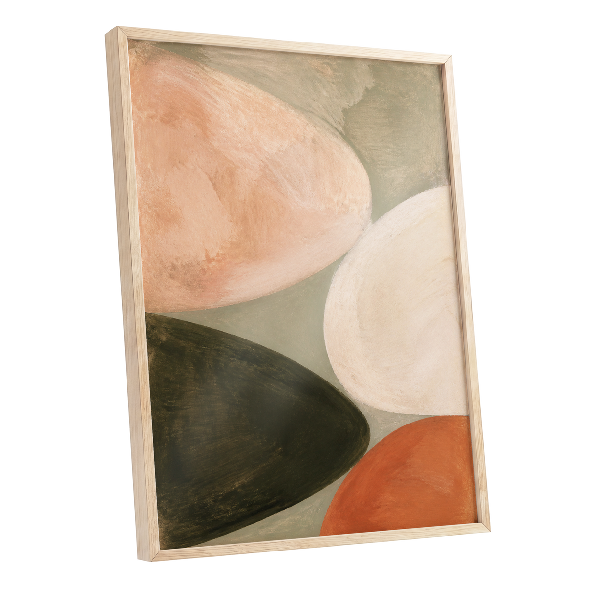 Earthen Curves, green, beige, pink abstract wall art shown as a oak framed poster wall art print