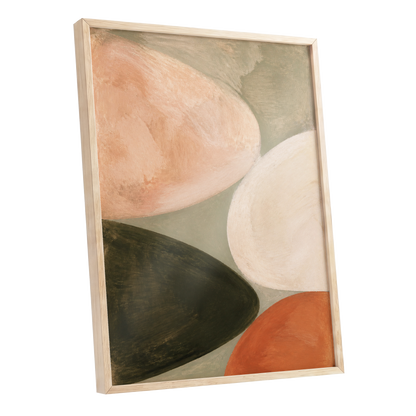 Earthen Curves, green, beige, pink abstract wall art shown as a oak framed poster wall art print