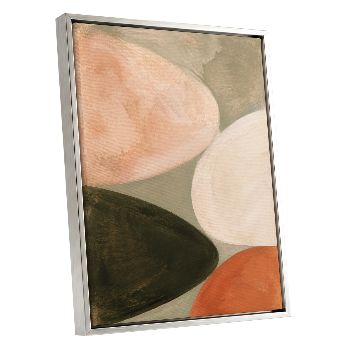Earthen Curves, green, beige, pink abstract wall art shown as a silver framed canvas wall art