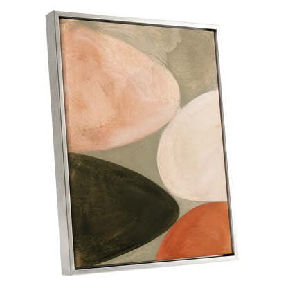 Earthen Curves, green, beige, pink abstract wall art shown as a silver framed canvas wall art