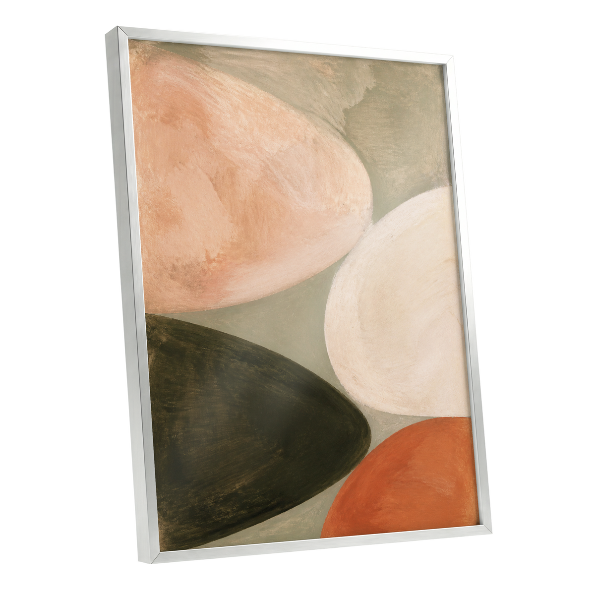 Earthen Curves, green, beige, pink abstract wall art shown as a silver framed poster wall art print