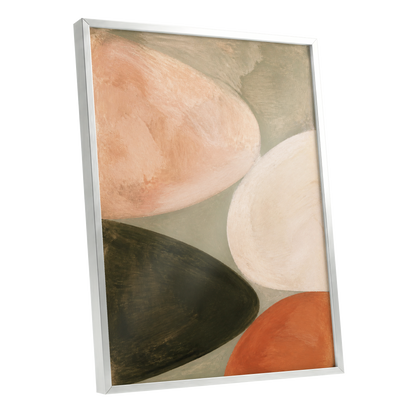 Earthen Curves, green, beige, pink abstract wall art shown as a silver framed poster wall art print