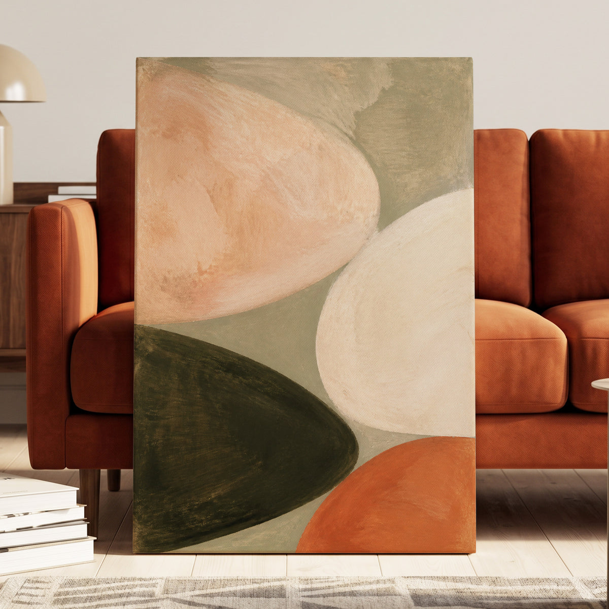Earthen Curves, green, beige, pink abstract wall art displayed in a styled interior, gallery view 3