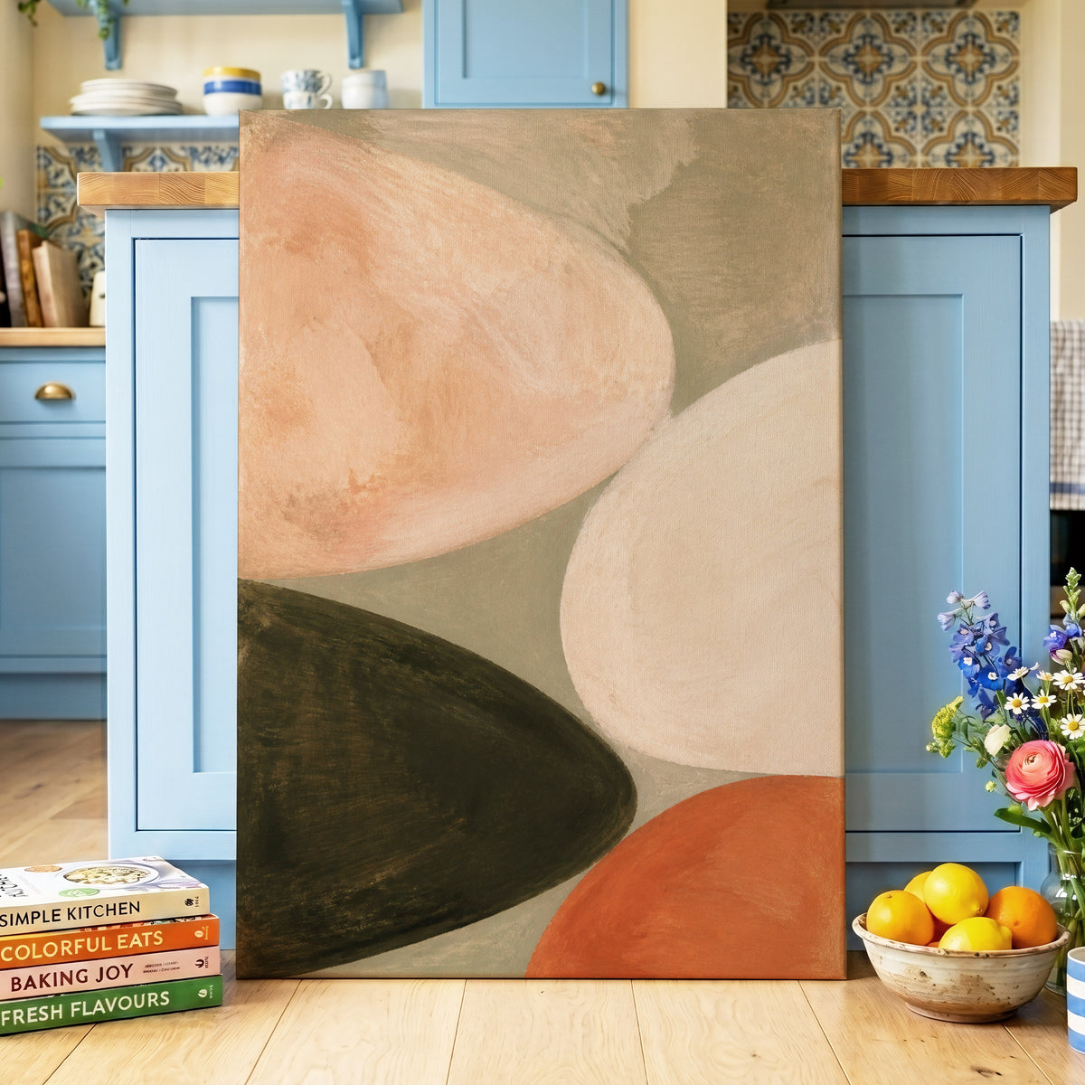 Earthen Curves, green, beige, pink abstract wall art displayed in a styled interior, gallery view 7