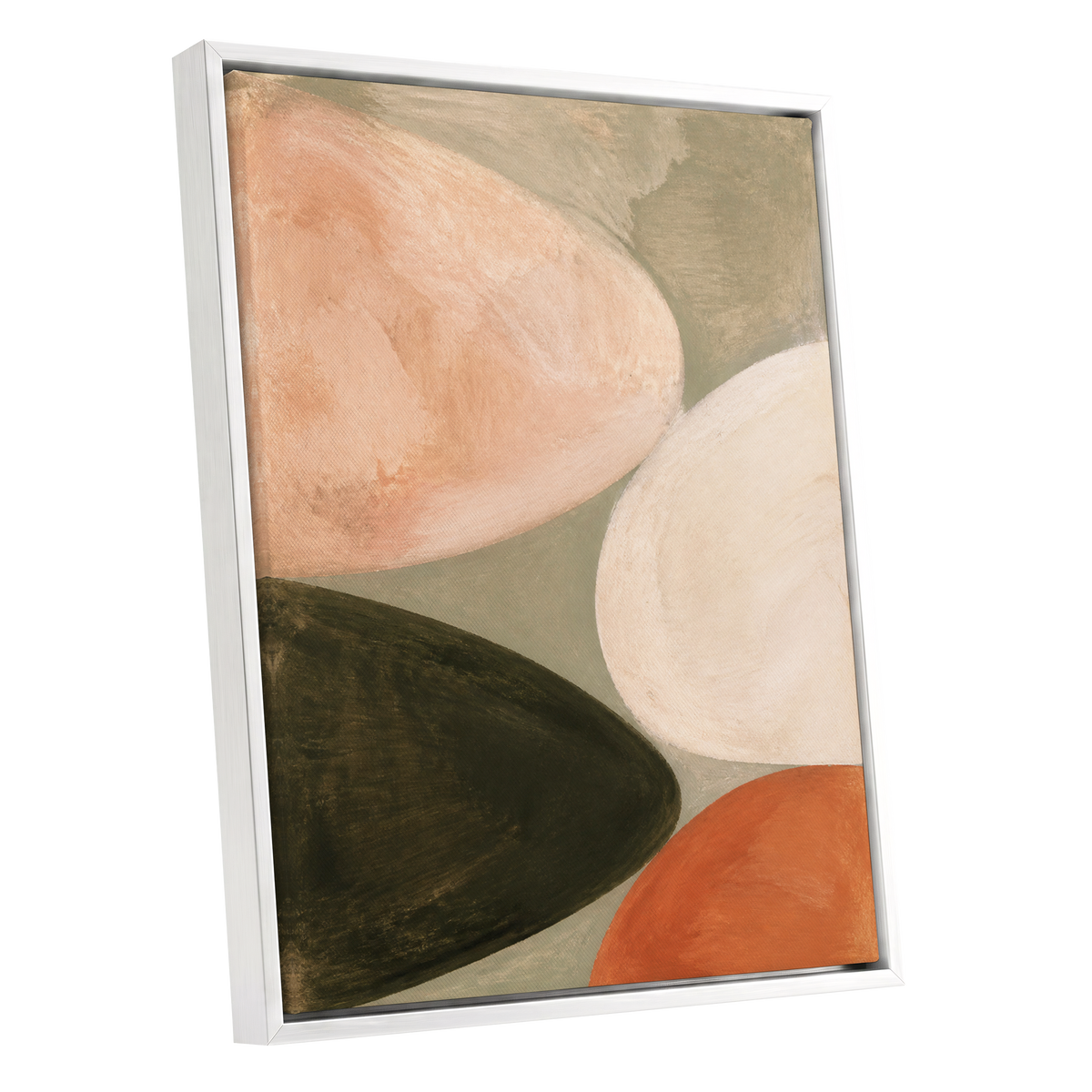 Earthen Curves, green, beige, pink abstract wall art shown as a white framed canvas wall art