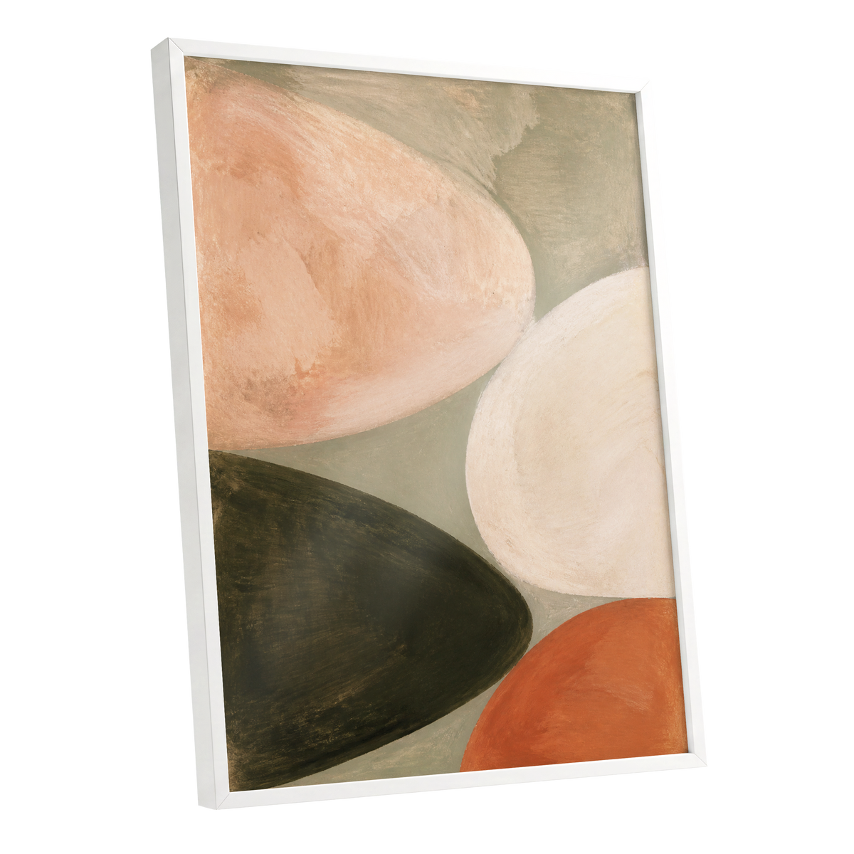 Earthen Curves, green, beige, pink abstract wall art shown as a white framed poster wall art print