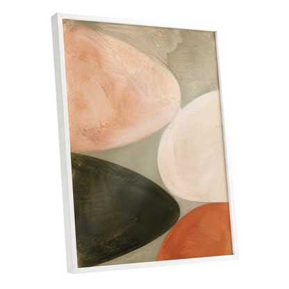 Earthen Curves, green, beige, pink abstract wall art shown as a white framed poster wall art print