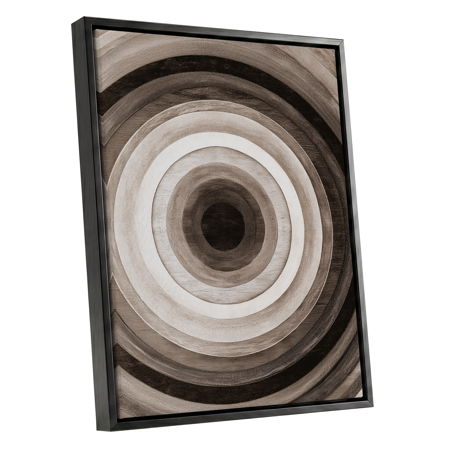 Earthen Echoes, brown, beige, black abstract wall art shown as a black framed canvas wall art