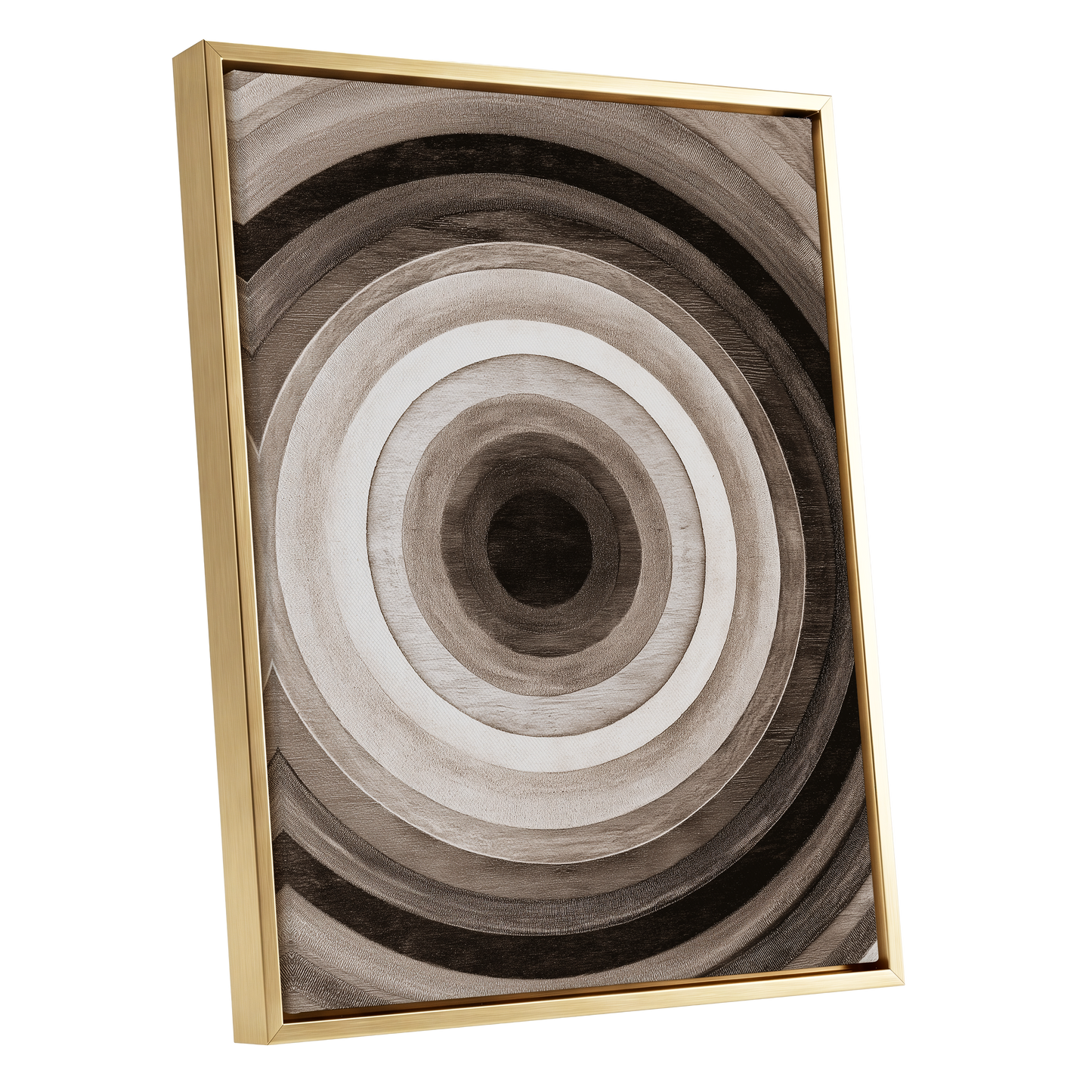 Earthen Echoes, brown, beige, black abstract wall art shown as a gold framed canvas wall art