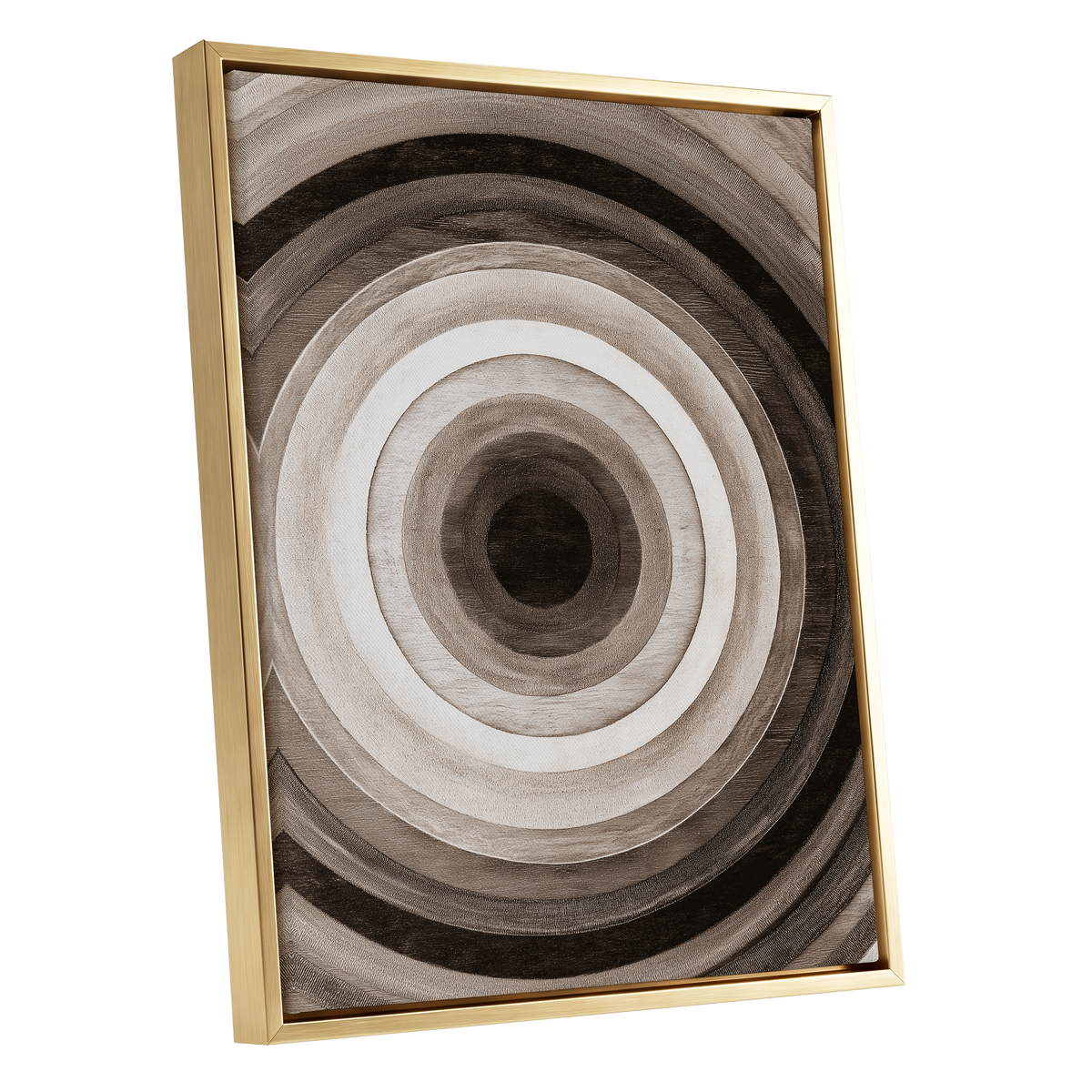 Earthen Echoes, brown, beige, black abstract wall art shown as a gold framed canvas wall art