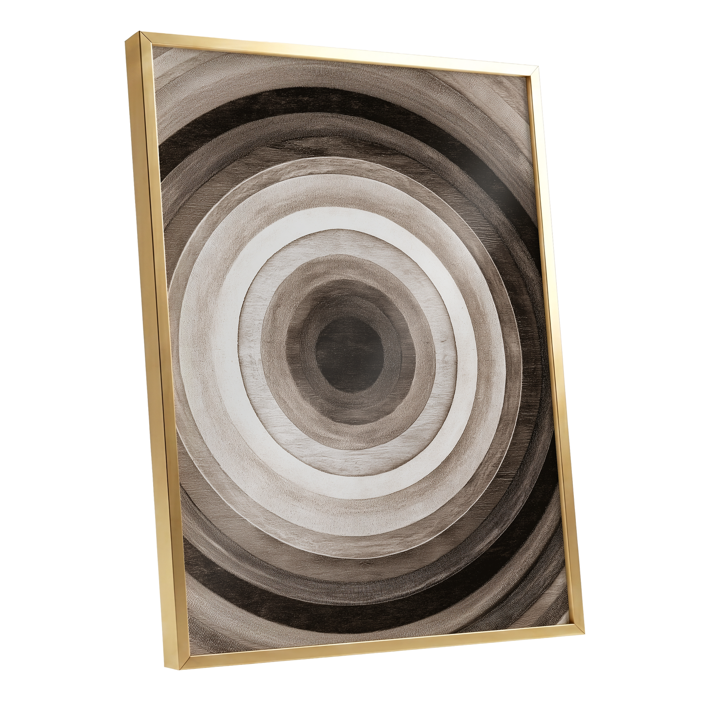 Earthen Echoes, brown, beige, black abstract wall art shown as a gold framed poster wall art print