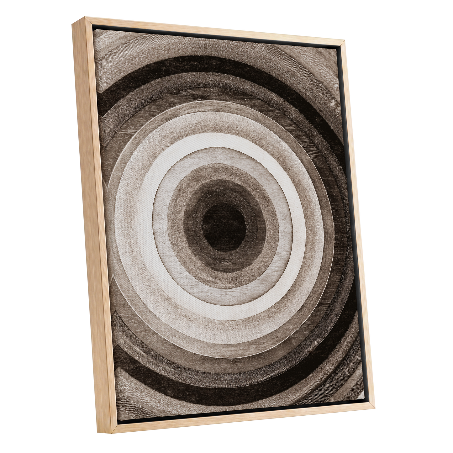 Earthen Echoes, brown, beige, black abstract wall art shown as a oak framed canvas wall art