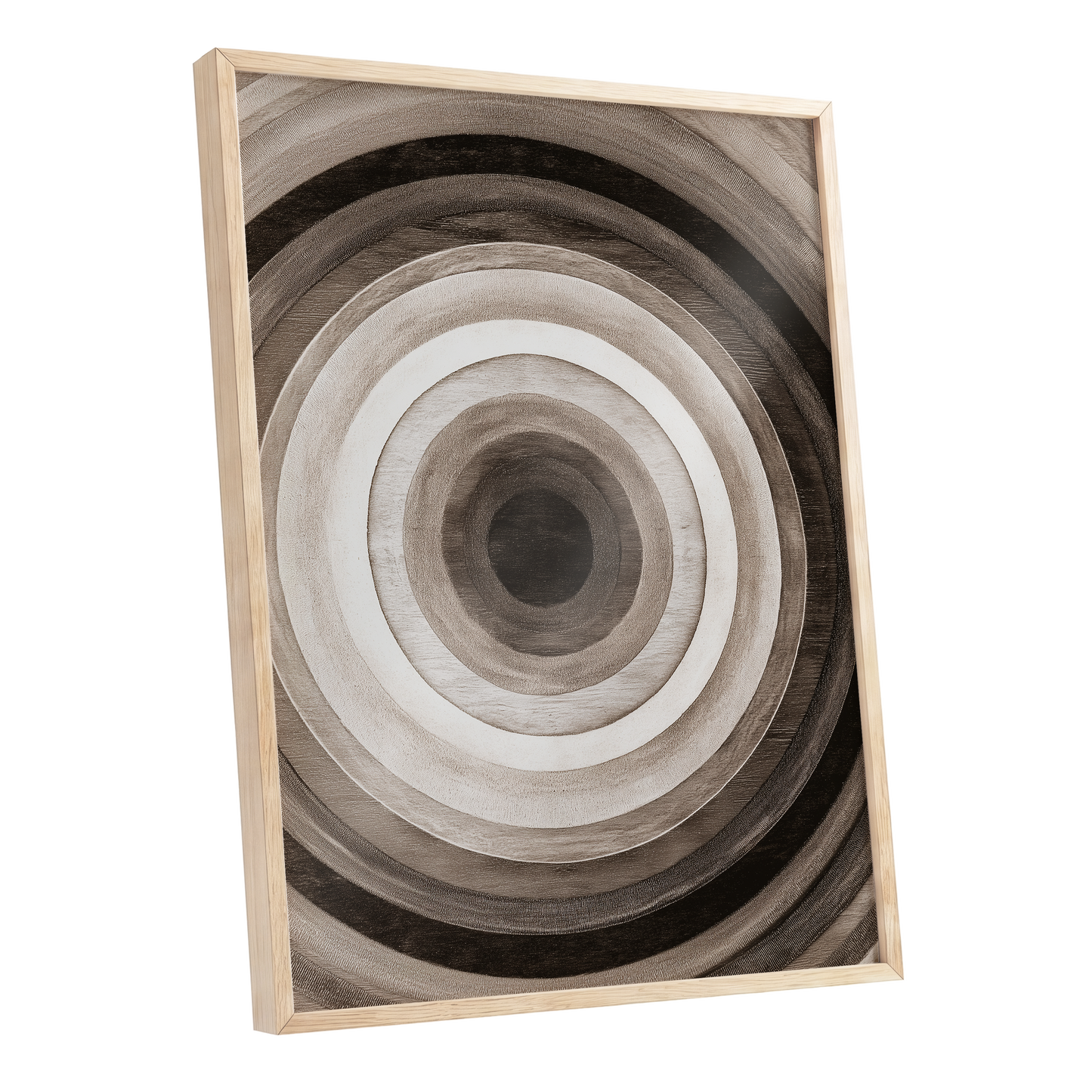 Earthen Echoes, brown, beige, black abstract wall art shown as a oak framed poster wall art print