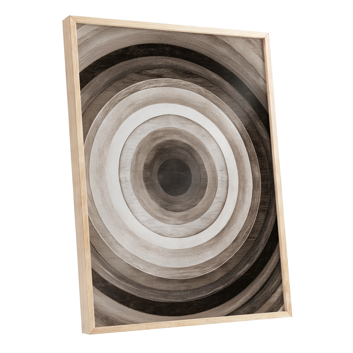 Earthen Echoes, brown, beige, black abstract wall art shown as a oak framed poster wall art print