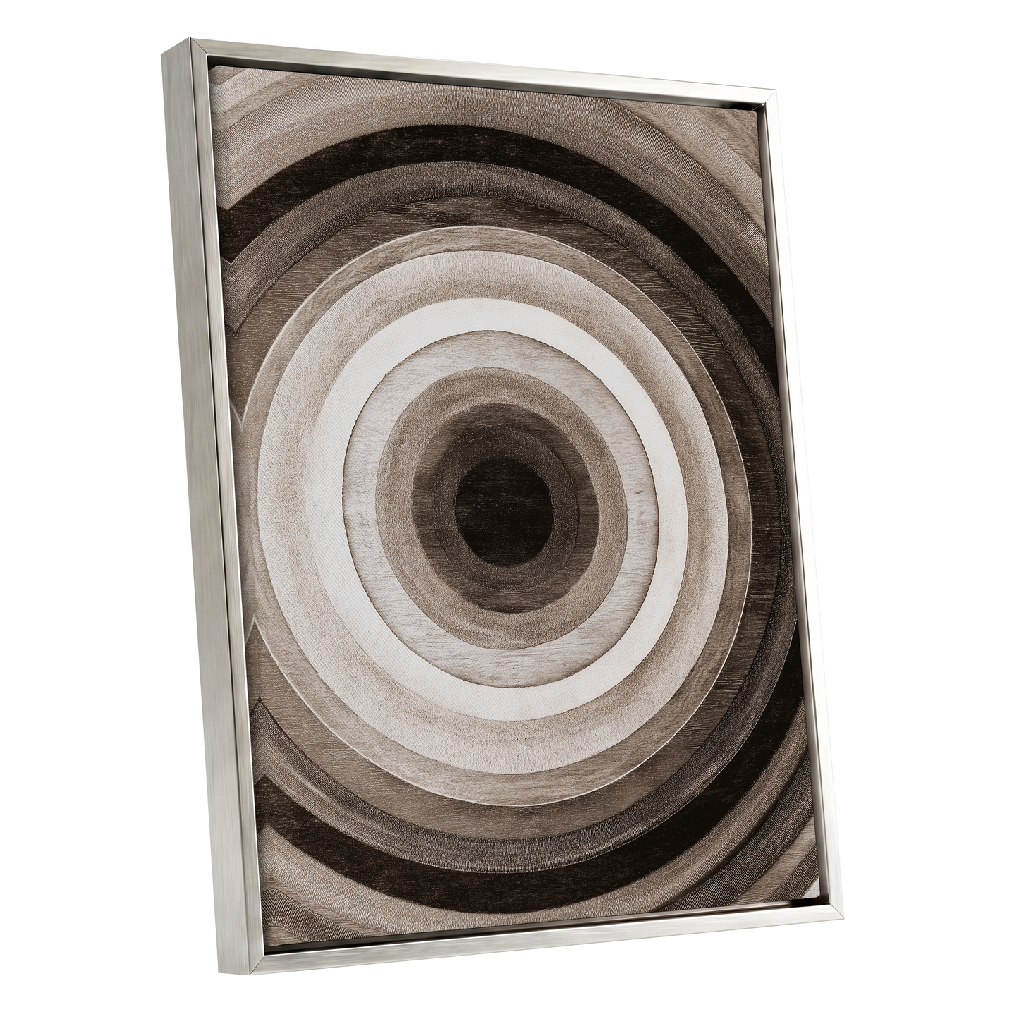 Earthen Echoes, brown, beige, black abstract wall art shown as a silver framed canvas wall art