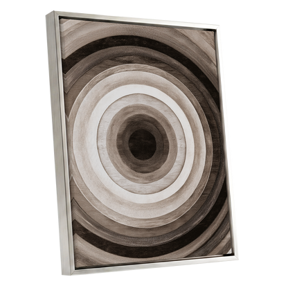 Earthen Echoes, brown, beige, black abstract wall art shown as a silver framed canvas wall art