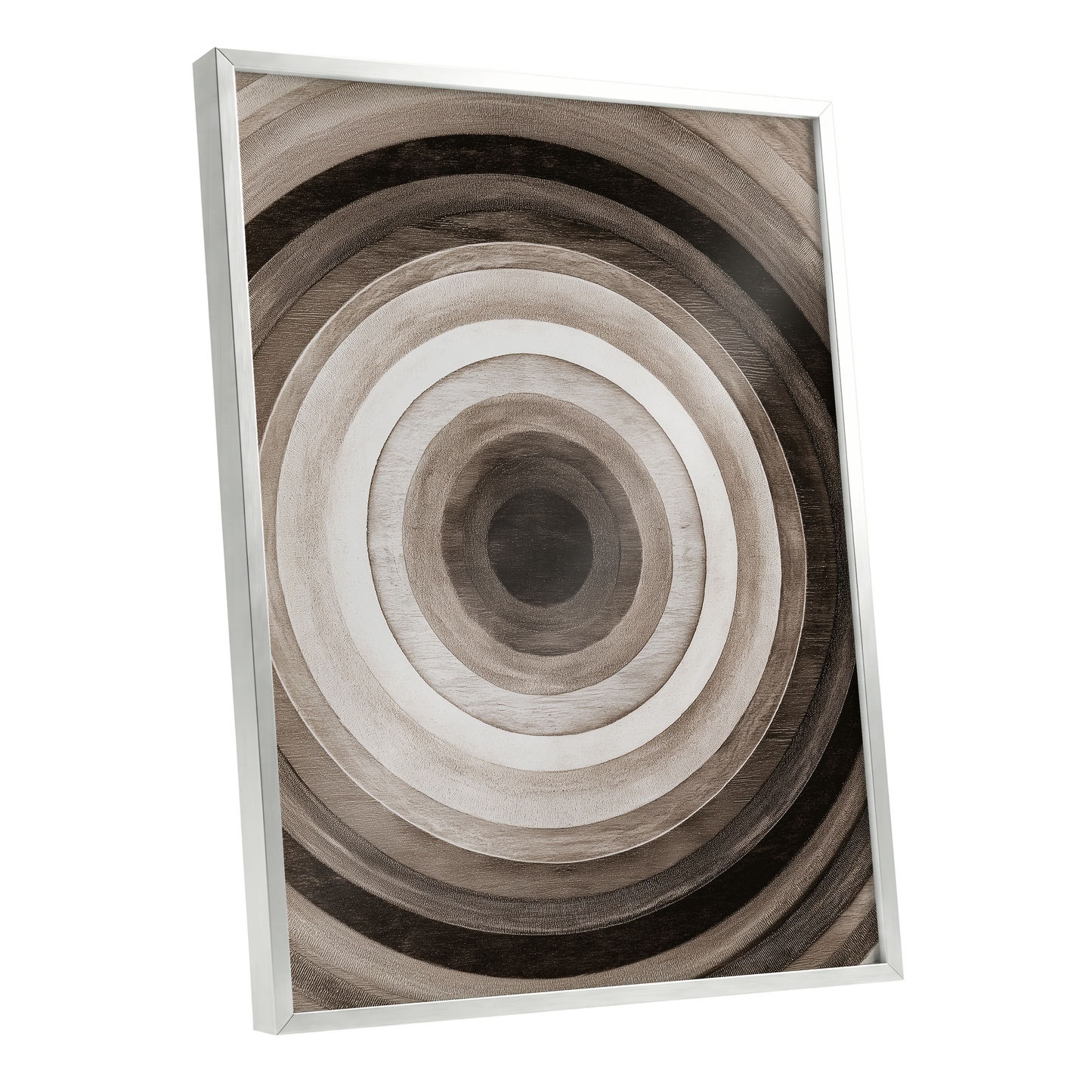 Earthen Echoes, brown, beige, black abstract wall art shown as a silver framed poster wall art print