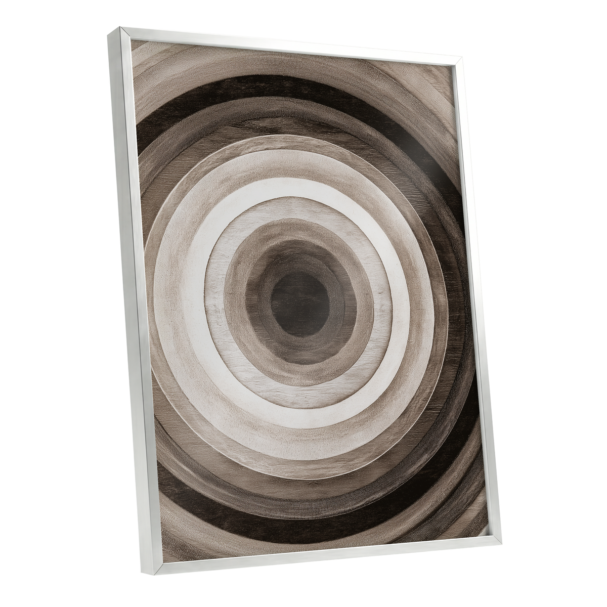 Earthen Echoes, brown, beige, black abstract wall art shown as a silver framed poster wall art print